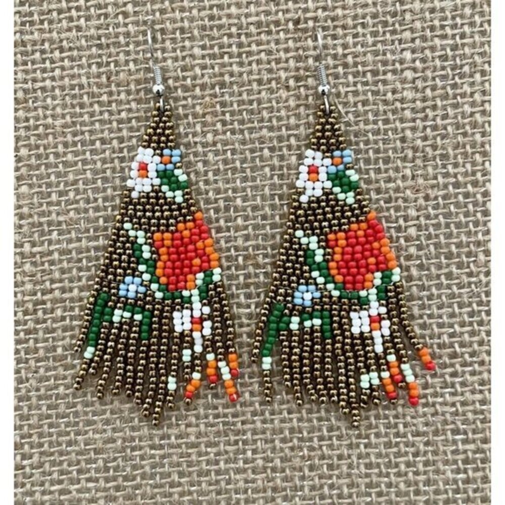 Handmade Miyuki Seed Bead Fringe Dangling Earrings Desert Bronze Floral NWT